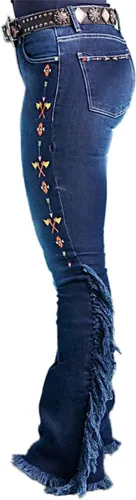 Vista 2 de Flamingals Jeans de corte de bota con dobladillo sin procesar con flecos laterales bordados para mujer, sin cinturón, pantalones casuales