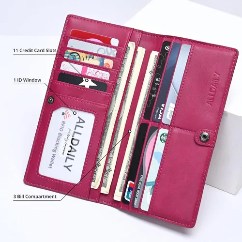 Vista 3 de Alldaily Ultra Delgado Fina Cartera para Mujer Bloqueo RFID Titular de Tarjetas de Crédito Bifold Largo Billfold Damas, Fucsia púrpura, Minimalista