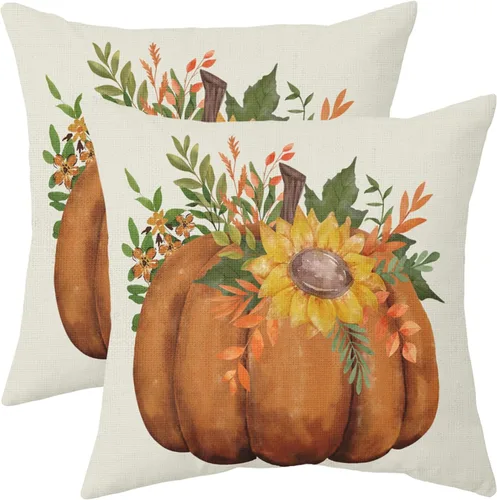 Vista 13 de Juego de 2 fundas de almohada de otoño de 16 x 16 pulgadas, color azul aguamarina, calabaza, girasol, cosecha, Acción de Gracias, para exteriores
