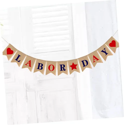 Vista 9 de Bandera del Día del Trabajo, adornos de arpillera, decoración del hogar, decoración de fiesta de trabajo, pancarta del 4 de julio, pancarta