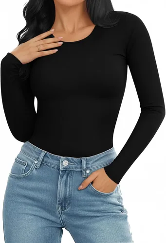 Vista 2 de MANGOPOP - Bodysuits de manga larga y manga corta con cuello redondo para mujer, prenda básica