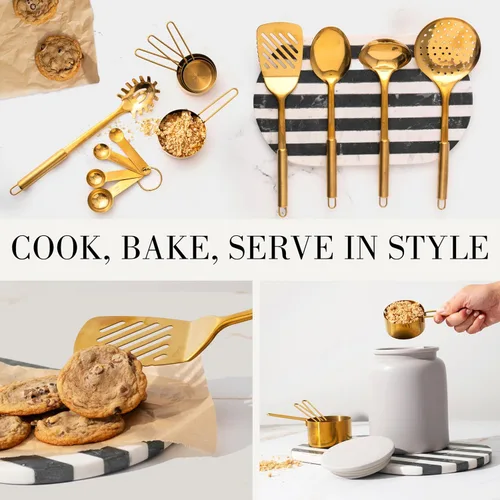 Vista 5 de Juego de utensilios de cocina dorados con tazas medidoras y cucharas, 13 piezas de accesorios de cocina dorados de lujo, incluye tazas medidoras