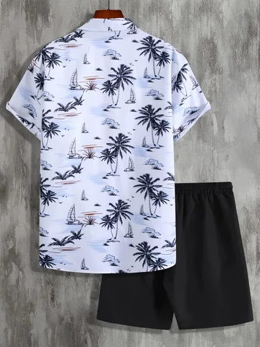 Vista 2 de Cozyease Conjunto de camisa hawaiana y pantalón corto para hombre, conjunto casual de 2 piezas, camisa floral con botones y pantalones cortos