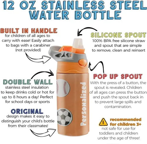 Vista 3 de All-Star Sports Orange – Diseño adhesivo – Botella de agua pequeña de 12 onzas con popote de silicona desplegable – Personalizar – Aislamiento