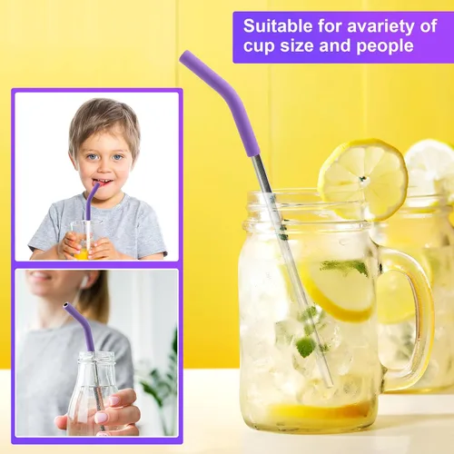 Vista 3 de HINZIC 12 puntas de silicona reutilizables para pajitas de goma de grado alimenticio, puntas de repuesto para codo flexible de color morado