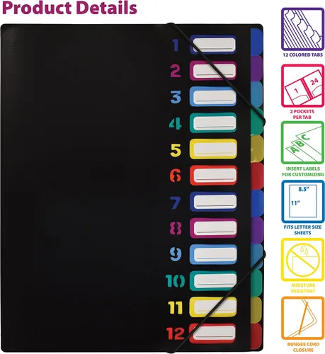 Vista 3 de Better Office Products Carpeta de archivos expansible de 24 bolsillos transparentes con 12 pestañas de colores, tamaño carta, capacidad para 300