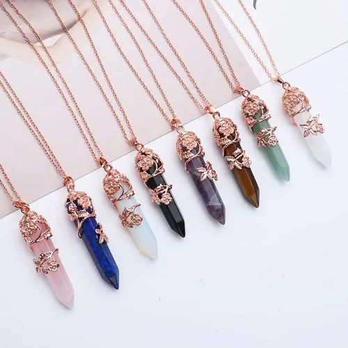 Vista 2 de Regalo para mujeres y hombres, collar hexagonal de cristal curativo, con diseño de amatista, con colgante de cuarzo envuelto en flores de amatista