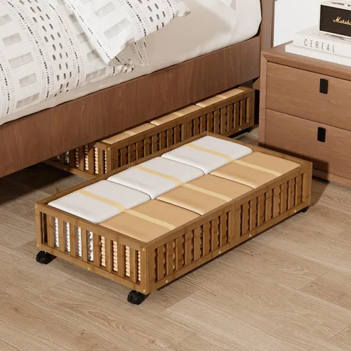 Vista 13 de Almacenamiento de bambú debajo de la cama con ruedas, caja organizadora de zapatos rodante debajo de la cama para zapatos, mantas, juguetes