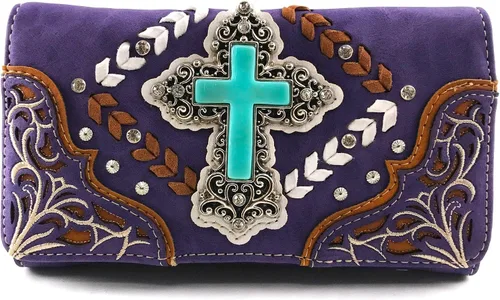 Vista 2 de Zelris turquesa Rhinestone Cruz Occidental mujeres Crossbody muñeca Trifold cartera