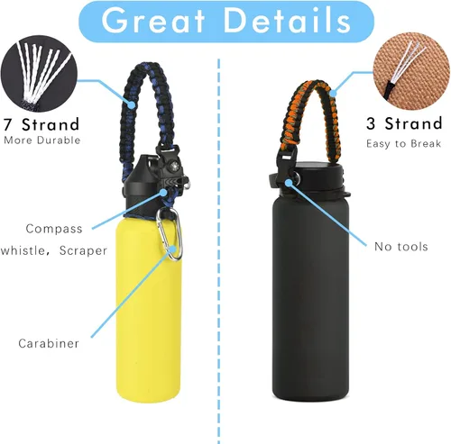 Vista 3 de Paracord Handle for Hydro Flask Water Bottles Standard Mouth, Strap Holder with Safety Rubber Ring & Carabiner, Easy to Carry and Durable Reusable