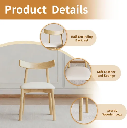 Vista 2 de Juego de 2 sillas de comedor ergonómicas sin brazos con cojines de cuero grueso y respaldo curvado, sillas de madera para sala de estar, cocina