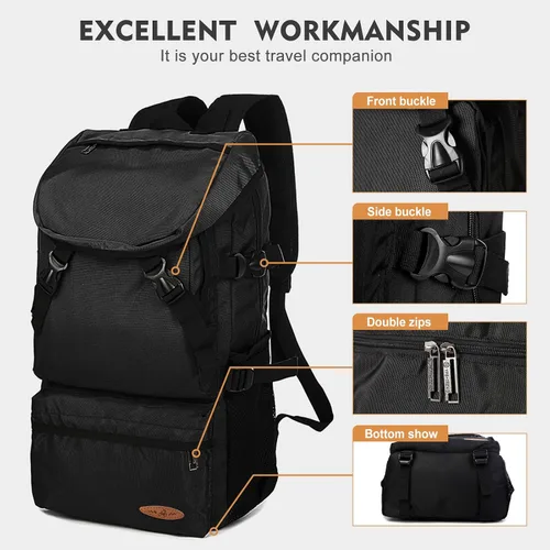 Vista 5 de VGCUB Mochila de viaje grande, mochila de transporte para mujeres y hombres, mochila de gimnasio aprobada por aerolíneas, Negro -, Ocio