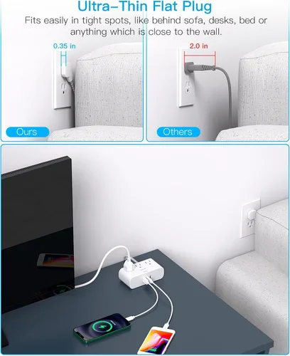 Vista 2 de HANYCONY - Tira de alimentación de enchufe plano de 6 pies, cable de extensión plano ultrafino, 3 tomacorrientes, 3 puertos USB (2 USB C), extensor