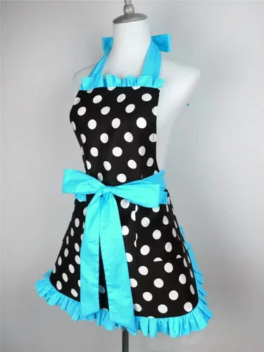 Vista 4 de Hyzrz Lindo delantal retro negro de lunares retro con volantes laterales vintage delantales de cocina con bolsillos para mujeres y niñas (lado azul)