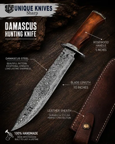 Vista 2 de Cuchillo de caza hecho a mano de acero de Damasco de 15 pulgadas, cuchillo de hoja fija con mango de palisandro y funda de cuero, supervivencia