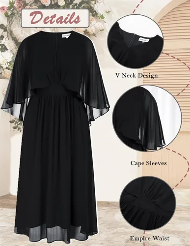 Vista 5 de Hanna Nikole Vestido de fiesta de noche de gasa con cuello en V para mujer, talla grande, manga capa, maxi vestidos para invitados de boda
