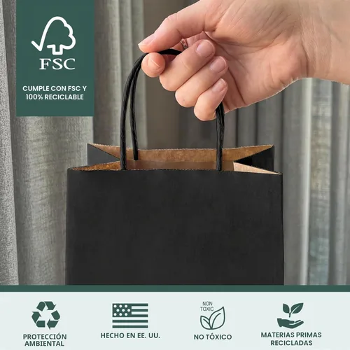 Vista 5 de METRONIC Bolsas de regalo de papel negro de 8 x 4.25 x 10.5 pulgadas, paquete de 100 bolsas de compras medianas de papel kraft con asas