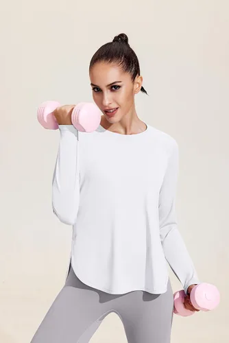 Vista 3 de Pinspark Camisetas de entrenamiento de manga larga para mujer, absorben la humedad, camisetas de yoga para senderismo, atléticas, ajuste holgado