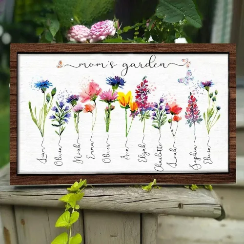 Vista 36 de Nazenti Letrero personalizado con marco de jardín de la abuela con nombres de nietos y flor de nacimiento para regalo del día de la madre, regalos