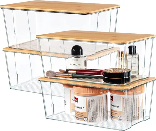 Vista 8 de Hudgan Contenedores organizadores de almacenamiento de plástico transparente con tapas acrílicas para oficina en casa, cocina, armario, estantes