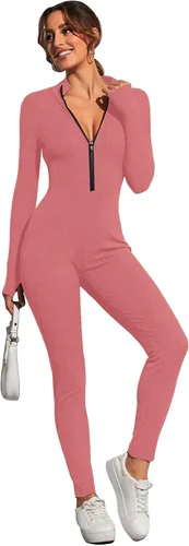 Vista 4 de YETOWA Enterizo ajustado de una pieza para mujer, cuello alto, manga larga, con cremallera, ropa de club