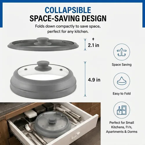 Vista 3 de Cubierta de salpicaduras de microondas para alimentos, cubierta de microondas de vidrio de 10.5 pulgadas con borde de silicona plegable, cubierta
