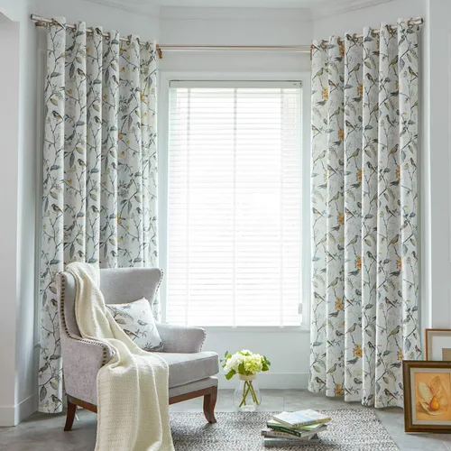 Vista 11 de VOGOL Cortina de ventana estilo campestre, cortinas estampadas con patrón de pájaros y hojas para dormitorio, paneles decorativos con ojales