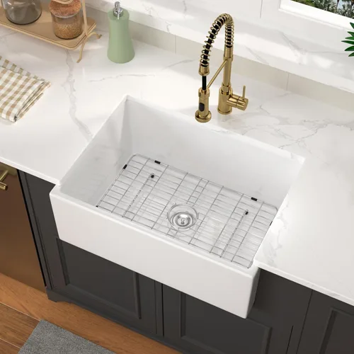 Vista 22 de Fregadero de 33 unidades de arcilla refractaria de 33 x 20 x 10 pulgadas, color blanco, fregadero de cocina de porcelana de cerámica, estilo casa