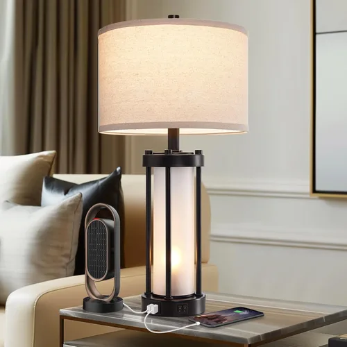 Vista 8 de Lámparas de mesa modernas para sala de estar, lámparas industriales de mesita con 2 puertos USB, lámpara rústica de mesita con luz nocturna