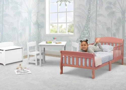 Vista 2 de Delta Children Canton - Cama para niños pequeños, albaricoque + colchón Delta Children Twinkle Galaxy de doble cara con núcleo de fibra reciclada