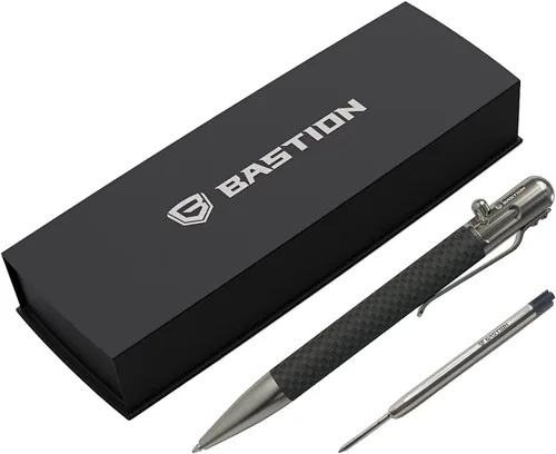 Vista 4 de BASTION Bolígrafo de fibra de carbono y acero inoxidable más 1 gel de recarga de tinta negra, punta fina de metal de lujo (0.020 in) para mujeres