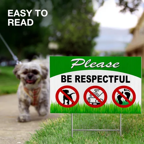 Vista 6 de Letreros de perro con texto en inglés «Please Be Respectful» de 8 x 12 DS Coroplast Keep Off Grass, sin desperdicios, frena a tu perro Keep Off