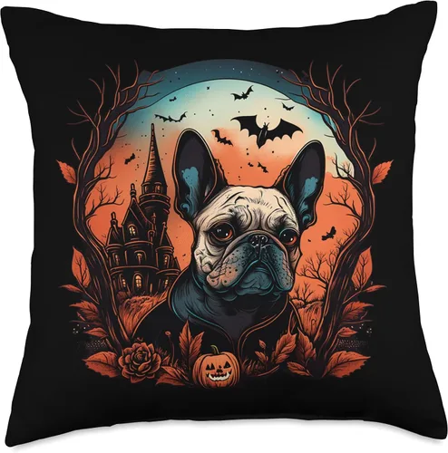Vista 5 de French Bulldog Funny & Cute Frenchie Love Motifs Disfraz de bulldog francés de Halloween Almohada aterradora de bruja y calabaza, 16 x 16