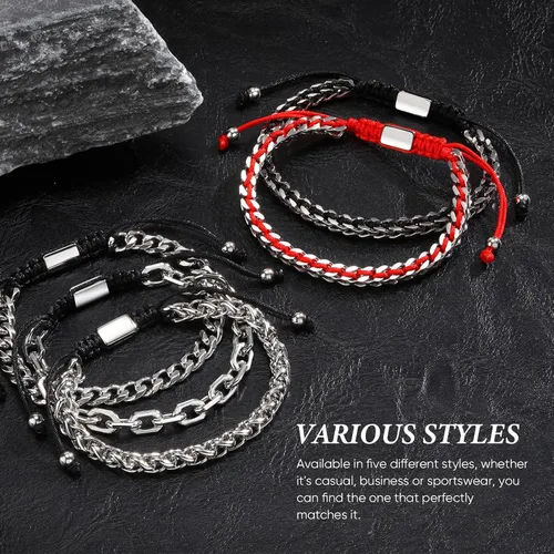 Vista 6 de Pulsera de eslabones trenzados de cuerda y cadena para hombre: hecha a mano para hombre, de acero inoxidable, metal, no se deslustra, impermeable