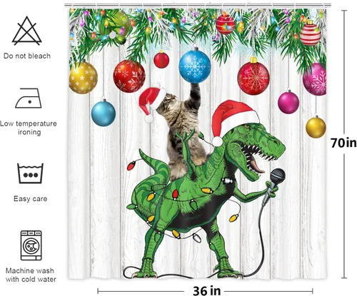 Vista 5 de Divertida cortina de ducha de Navidad, bonito dinosaurio en sombrero de Papá Noel cantando Feliz Navidad para niños, niños y niñas, decoración