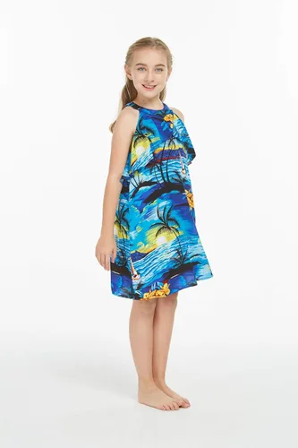 Vista 7 de Ropa de Luau hawaiana a juego para hombres, mujeres, niñas, niños en color azul atardecer, Azul