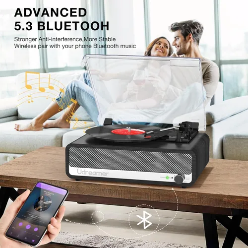 Vista 3 de Reproductor de discos de vinilo con altavoces integrados, tocadiscos de 3 velocidades con Bluetooth 5.3 más reciente, entrada AUX, conector