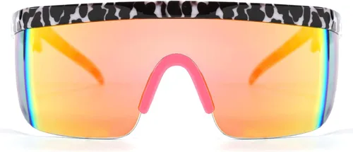 Vista 2 de FEISEDY Gafas de sol deportivas de gran tamaño de los años 80, gafas de esquí con parte superior plana, visera futurista de una pieza para mujeres