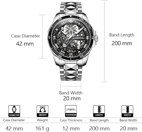 Vista 6 de OLEVS Mens Skeleton Automatic Watch Fashion Big Face Sapphire Crystal Roman Numerals Self Winding Watches Gold Silver Black Tungsten Steel Watch for