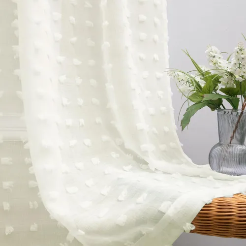 Vista 8 de Cortinas negras KOUFALL de 45 pulgadas de largo para ventana de cocina, cortinas transparentes con pompones y textura de encaje bohemio con bolsillo