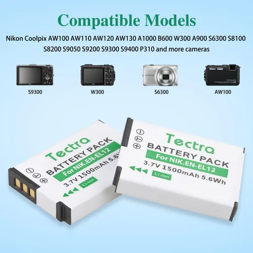 Vista 2 de Tectra 2 baterías EN-EL12 de alta capacidad y cargador dual LED para Nikon Coolpix AW100 AW110 AW120 AW130 A1000 B600 W300 A900 S6300 S8100 S8200