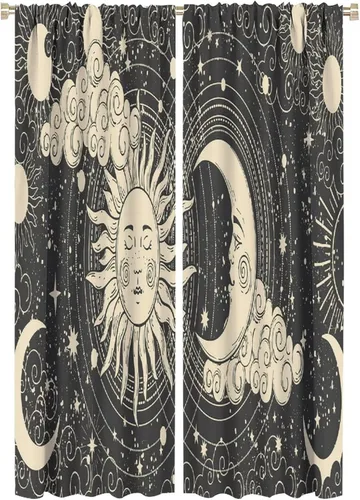 Vista 58 de Cortinas opacas con diseño de sol y luna, cuerpos celestes bohemios, con diseño de sol, luna y estrellas, para sala de estar, dormitorio, 42 x 45