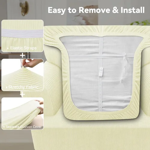 Vista 4 de Funda impermeable para silla con brazos, juego de 2 piezas, funda a rayas para 1 sofá separado con cojín en T, fundas de sillón de tela