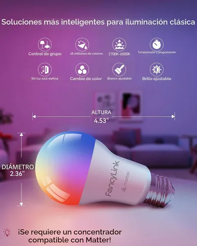 Vista 3 de Matter - Bombillas inteligentes, bombilla que cambia de color, requiere concentrador, A19 60W, WiFi de 2.4 GHz, compatible con Alexa Google