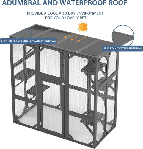 Vista 3 de Ball & Cast Catio - Casa de madera para gatos de 59 pulgadas con anti-UV e impermeable, plataformas y cajas de descanso para interiores, gris oscuro