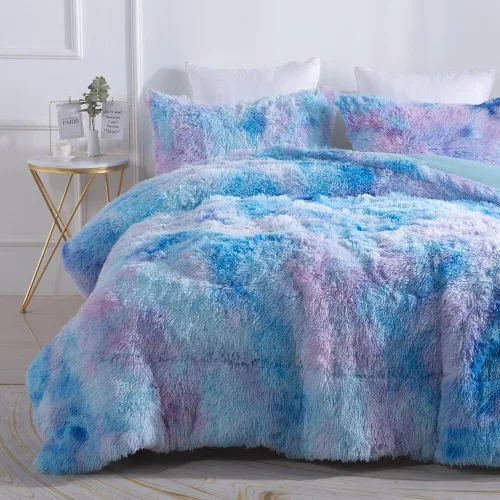 Vista 9 de Wajade Juego de edredón de felpa de pelo sintético teñido anudado negro, juego de ropa de cama mullido y peludo, juego de edredón de microfibra