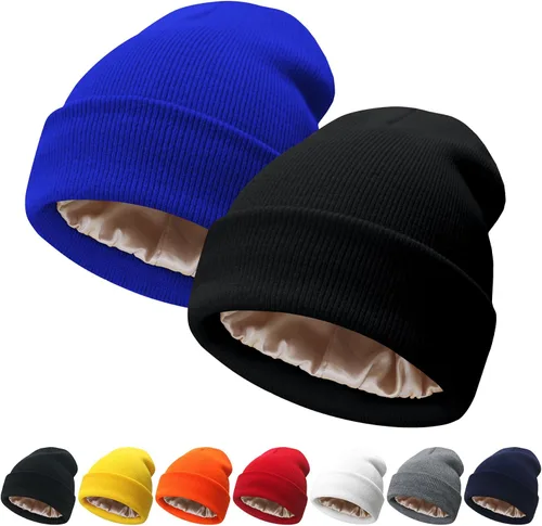 Vista 9 de NPQQUAN 2 PCS Satin Lined Beanie for Women Silk Lined Beanies Winter Warm Soft Lining Cuffed Knit Beanie Hats for Women