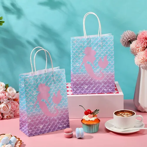 Vista 6 de Jectivs 16 bolsas de recuerdo de fiesta de cumpleaños de sirena, bolsas de regalo de papel kraft con asas para niños, suministros de fiesta de baby