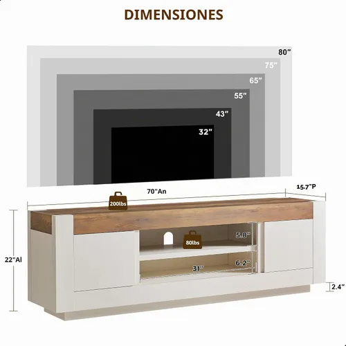 Vista 2 de OKD Soporte de TV moderno de 70 pulgadas para TV de 80 pulgadas, consola Blanco antiguo