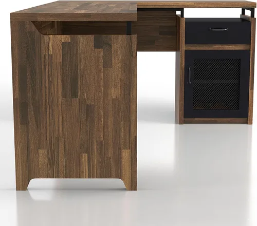 Vista 6 de 24/7 Shop at Home Deandre Farmhouse - Escritorio de computadora de madera en forma de L con 1 cajón con estante ajustable, puerta de gabinete